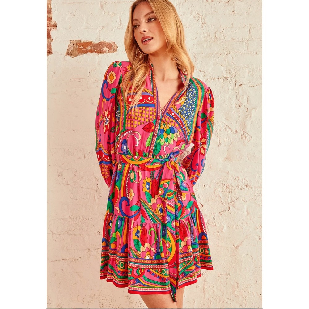 NWT Adrianna Papell Pink Multicolor Printed Long-Sleeve Mini Dress 16 $149